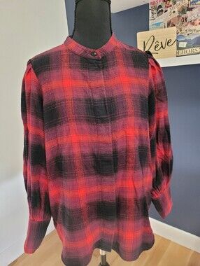 026 Banana Republic 100% Cotton Plaid Button-Neck Blouse Medium